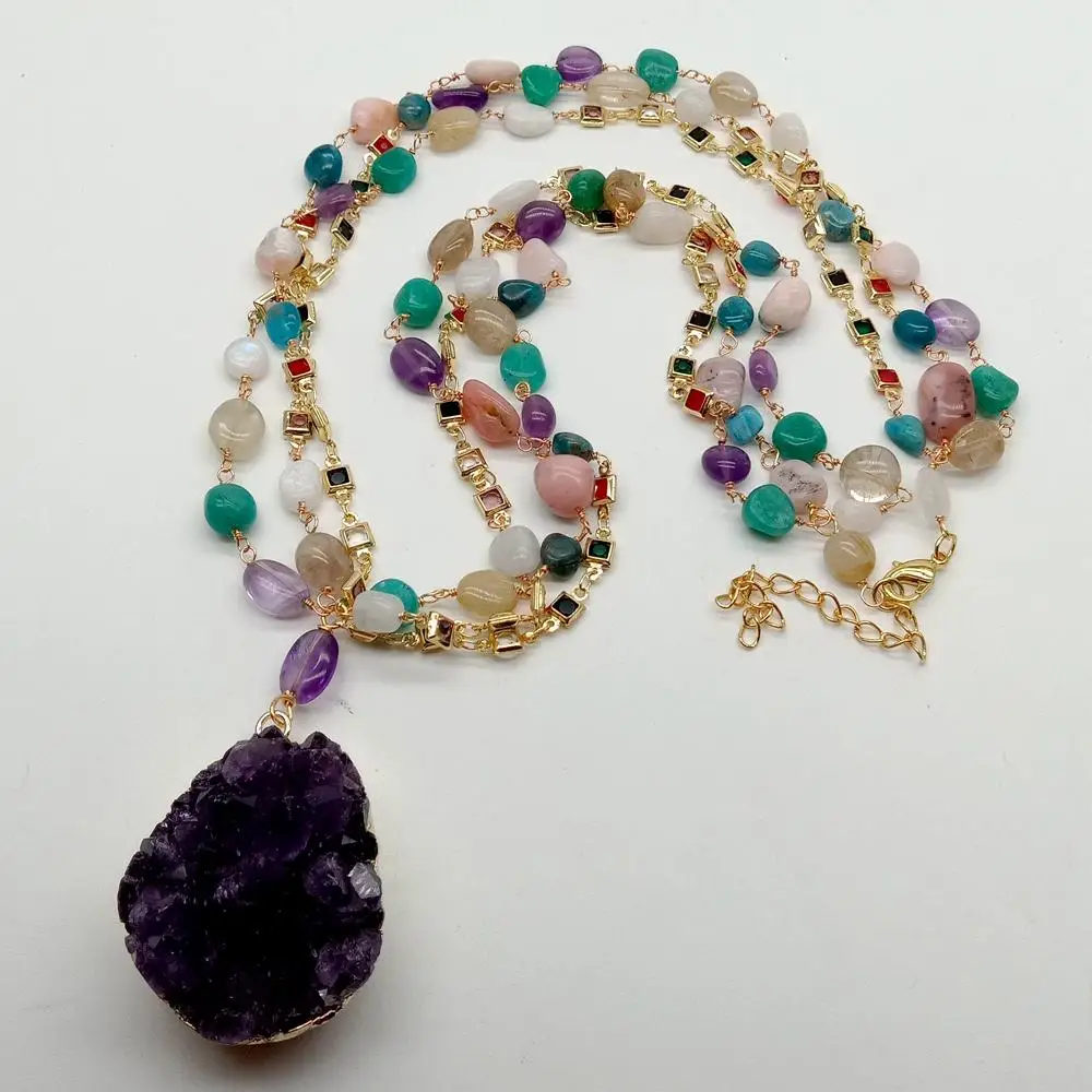 Y·YING Natural Multi Semiprecious Quartzs Rosary Chain Necklace Amethysts Druzy Pendant 23\