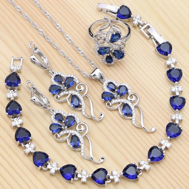 925 Sterling Silver Jewelry Sets for Women Party Accessories Blue Cubic Zirconia Ring Bracelet Necklace Pendant Earrings Kit