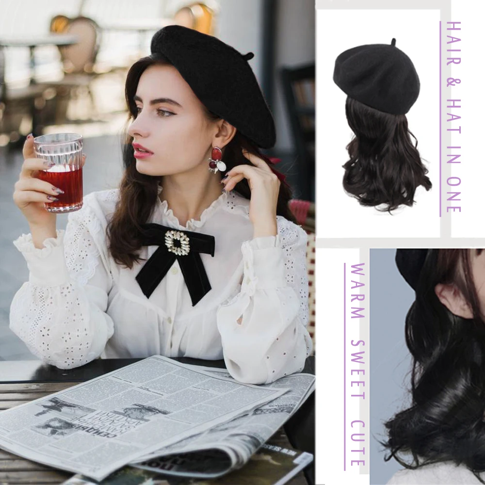 

WEILAI Synthetic Fashion Beret Wig Black Brown Curly Hair Extension Female Winter Warm Hat