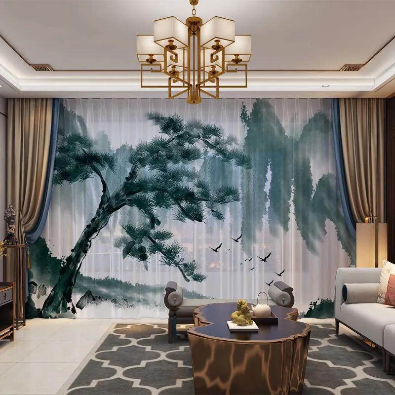 

3D Printed Tulle Sheer Curtain Chiffon Voile for Living Room Scenery Tree and Lake Plants Pattern People Cannot See Through