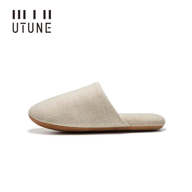 UTUNE Hemp Flats Mute Indoor Slippers Women Shoes Machine Washable Suede Sole Soft Home Slides Men Linen Non-slip Spring Autumn