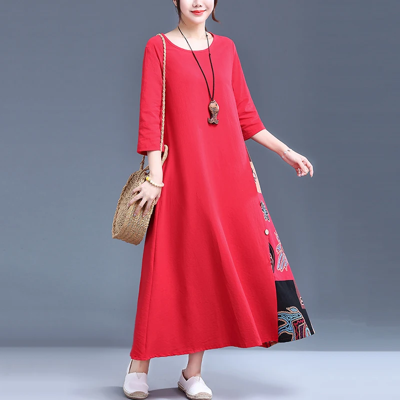 Women Comfortable Cotton Linen Dress Retro Casual Three-quarter Sleeve Dress Spring Summer New Long Hedging Dress s587