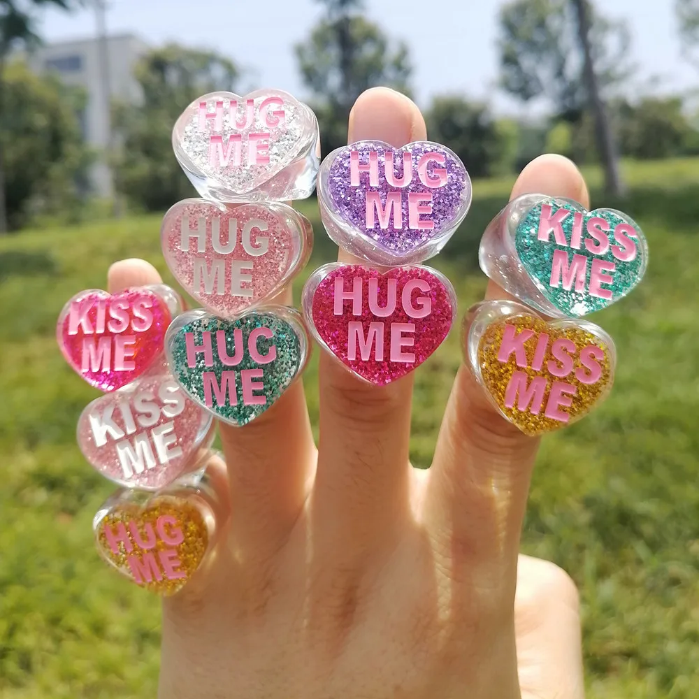 FishSheep Cute Korean Transparent Glitter Acrylic Love Kiss Rings For Women Colorful Clear Resin Heart Hug Letter Party Jewelry