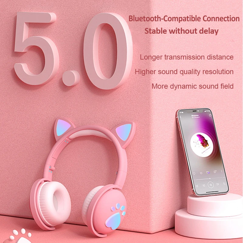 Fone de ouvido sem fio com orelha de gato bluetooth-compatível 5.0 fone de ouvido com microfone led fone de ouvido para crianças/crianças/meninas presente