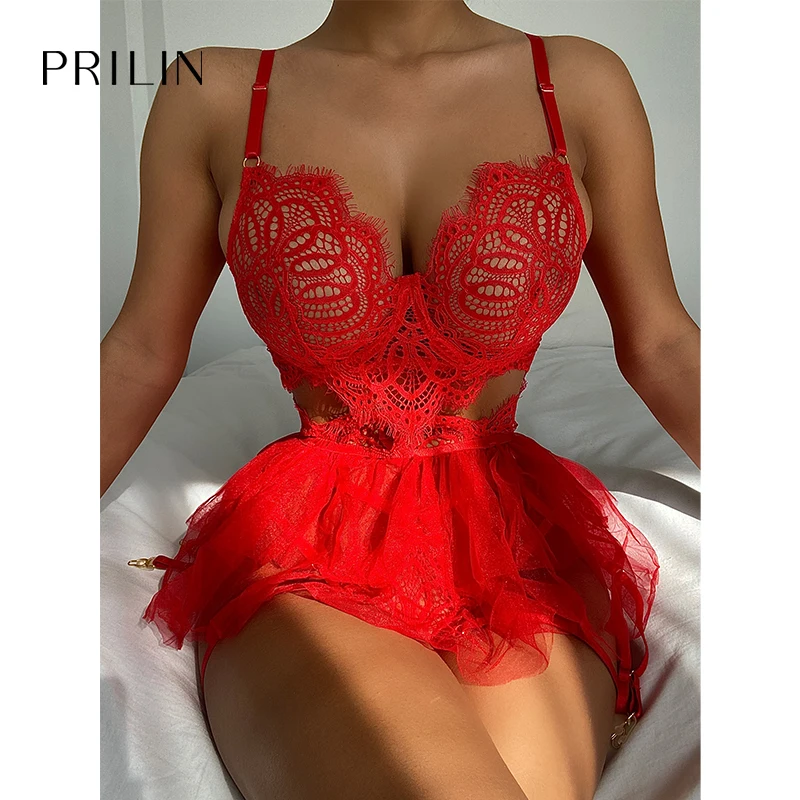 

Women Sexy Lingerie Set Lace Push Up Gather Bra G-string Panties Garter Transparent Erotic Temptation Defined Waist Underwear