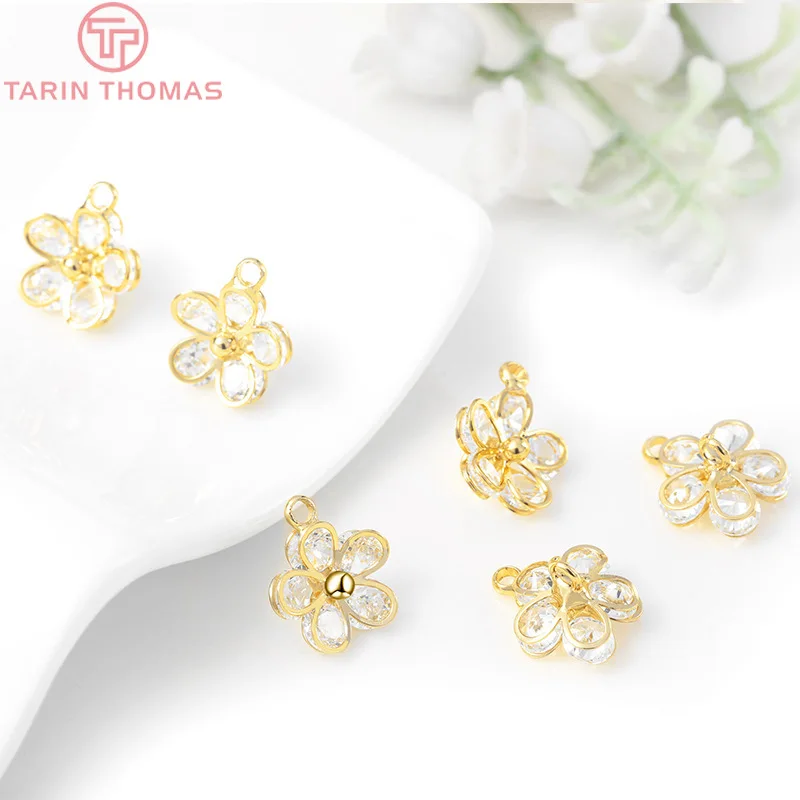 (1408)4PCS 10x12MM 24K Champagne Gold Color Plated Brass with Zircon flower Charms Pendants High Quality Diy Jewelry Accessories