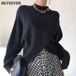 BGTEEVER Stylish Criss-Cross Knitted Jumpers 2021 Autumn Winter Half Turtleneck Women Sweater Pullovers Loose Female Knit Tops