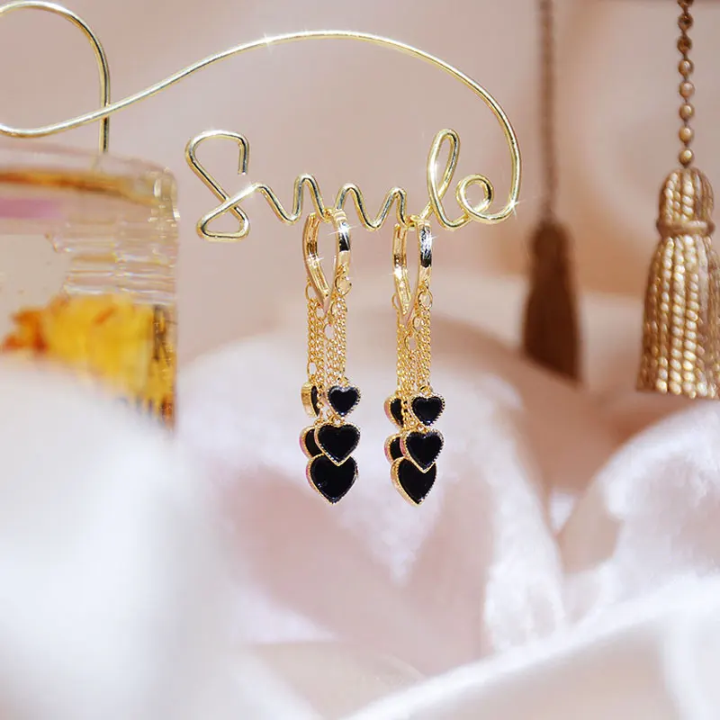 Korean Plating 14k Real Gold Minimalist Retro Black Heart Charm Earrings Tassel Temperament Luxury Delicate Romantic Earrings