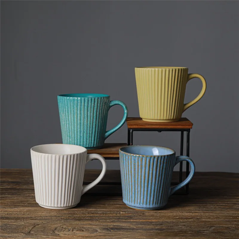 400ml Retro Threaded Mug Japanese Ceramic Kiln Glazed Coffee Cup Nostalgic Style Stoneware Mug Milk Cup