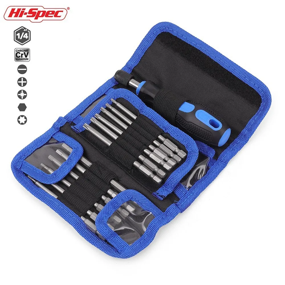 Jeu d\'embouts de tournevis magnétiques Hi-Spec, porte-embout, embouts Torx hexagonaux à dégagement rapide, ensemble multiple dans un sac en toile,