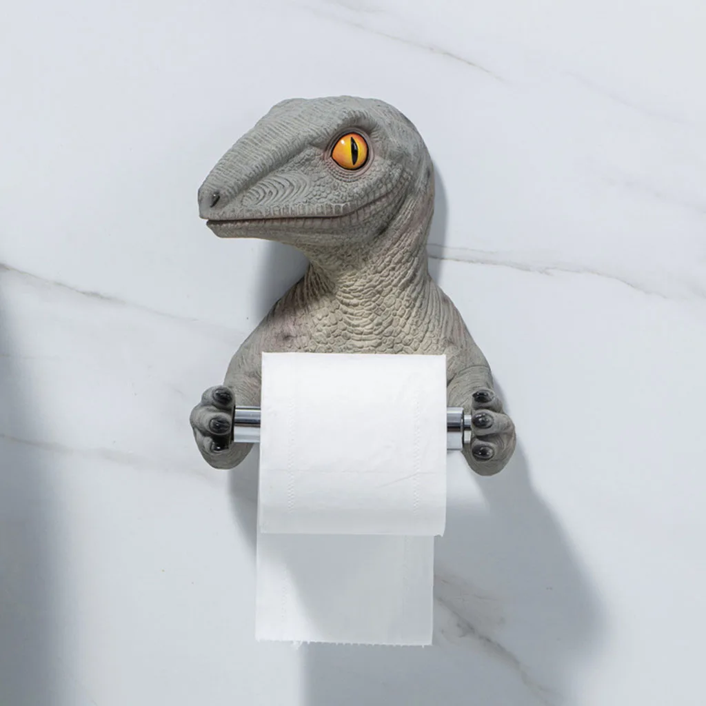 Soporte de papel higiénico de dinosaurio 3D, almacenamiento de pared, estante organizador, sin perforaciones, para cuarto de baño y ducha