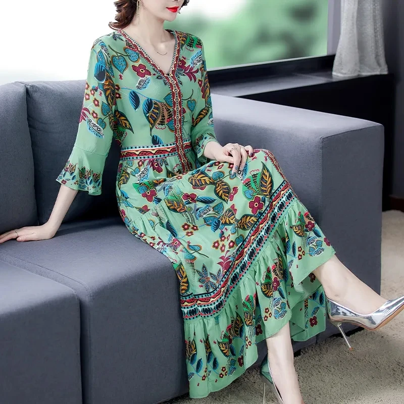 

Summer Loose Casual Print Mulberry Silk Midi Dress Elegant Women Party Vestidos 2022 Sundress Dresses Vestidos 4XL 250