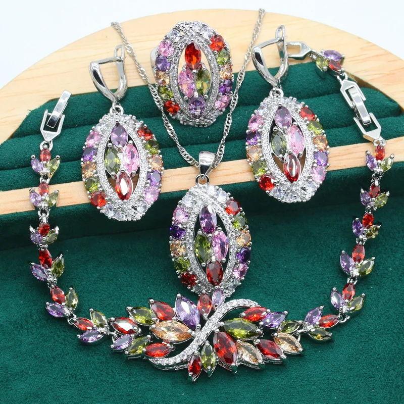 Multi Colors Zirocnia 925 Silver Bridal Jewelry Set for Women Bracelet Earrings Ring Necklace Pendant  Gift