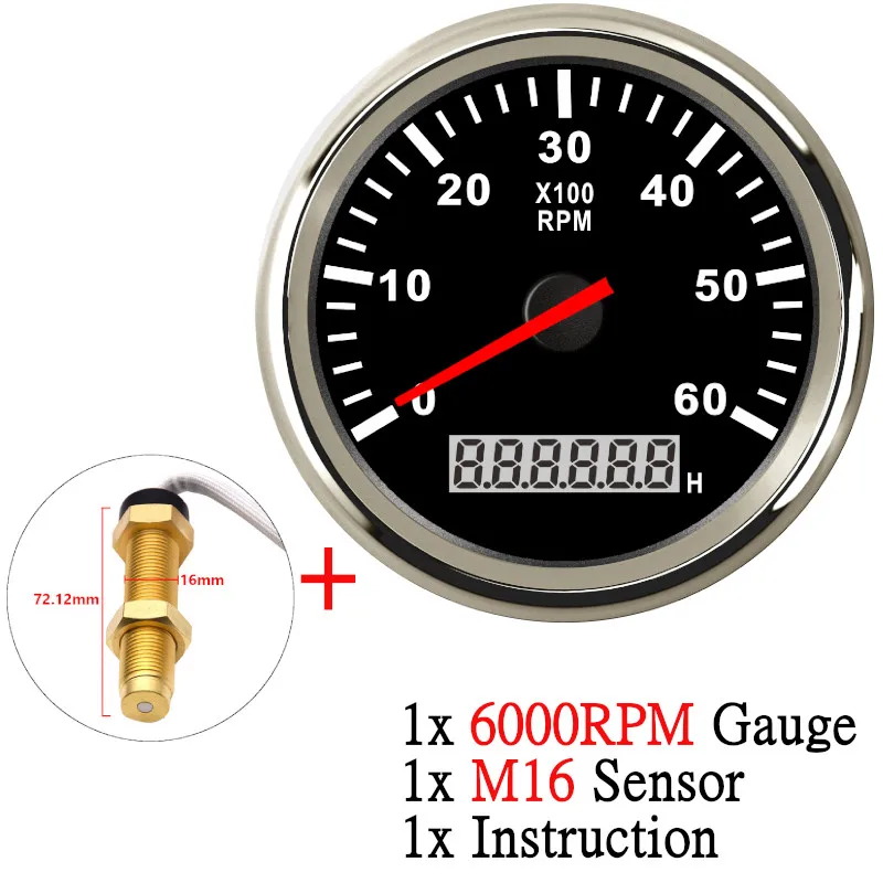 Kundenspezifischer 12 V 24 V Auto-Drehzahlmesser, digitaler Tachometer, 6000 U/min, Marine-Drehzahlmesser mit Betriebsstundenzähler, 85 mm Auto-Messgerät mit M16-M18-Sensor