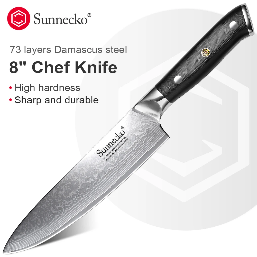 

Sunnecko 8 Inch Men Chef's Knife 73 Layers VG10 Damascus Steel Japanese Kitchen Knife Cutting Knife Black G10 Handle Grip