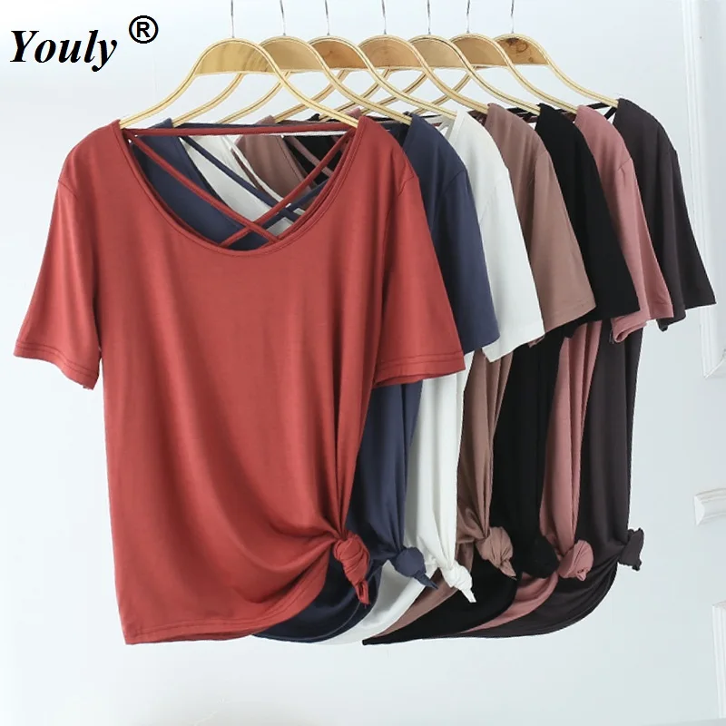 

Modal Cotton Backless Cross Women T-shirts 2022 Casual Loose Solid Top Tees Basic Elastic Lady Outwear Tops Tee Female