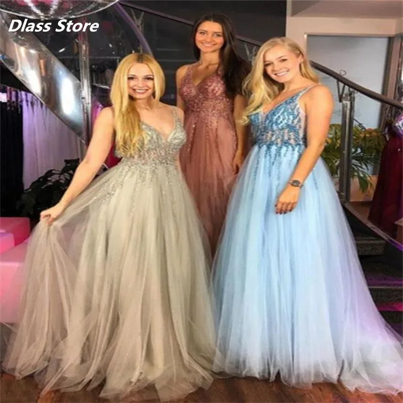 Deep V คอชุดราตรียาว2022 A-Line Sequins ลูกปัด Tulle Backless ชั้นความยาวชุดราตรี Gowns คุณภาพสูง