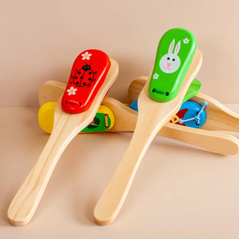 Children Toys Percussion Instruments Wooden Long-handled Castanets Kindergarten Round Dance Board Musical Toys