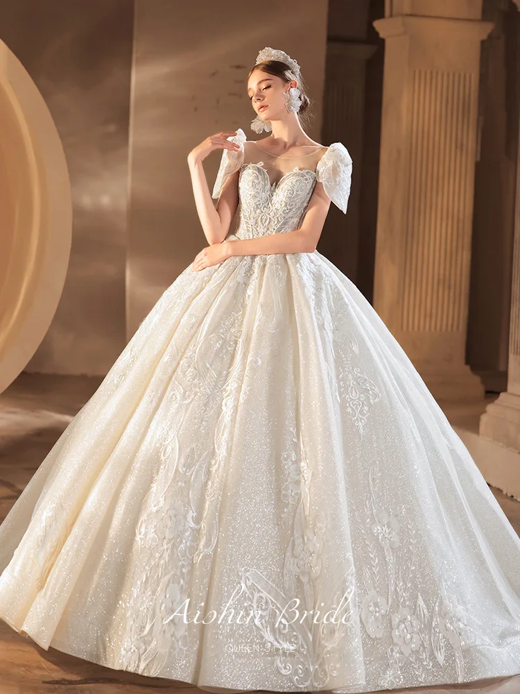 

Luxury Princess Wedding Dresses O-Neck Shiny Lace Beading Puff Sleeve Lace Up A-line Court Train 2024 Formal Wedding Bridal Gown