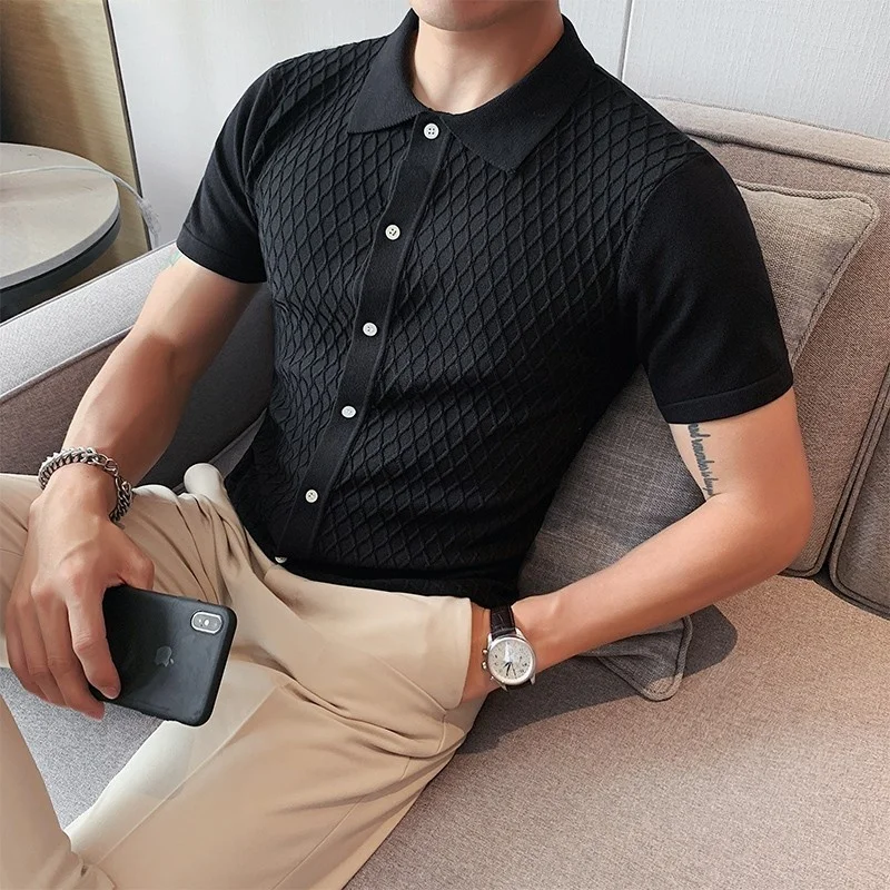 Mens Summer Single Breasted Short Sleeve Knitted Tops Business Man Office Work Casual Slim Fit Knitwear Tees Top Fashion T-Shirt