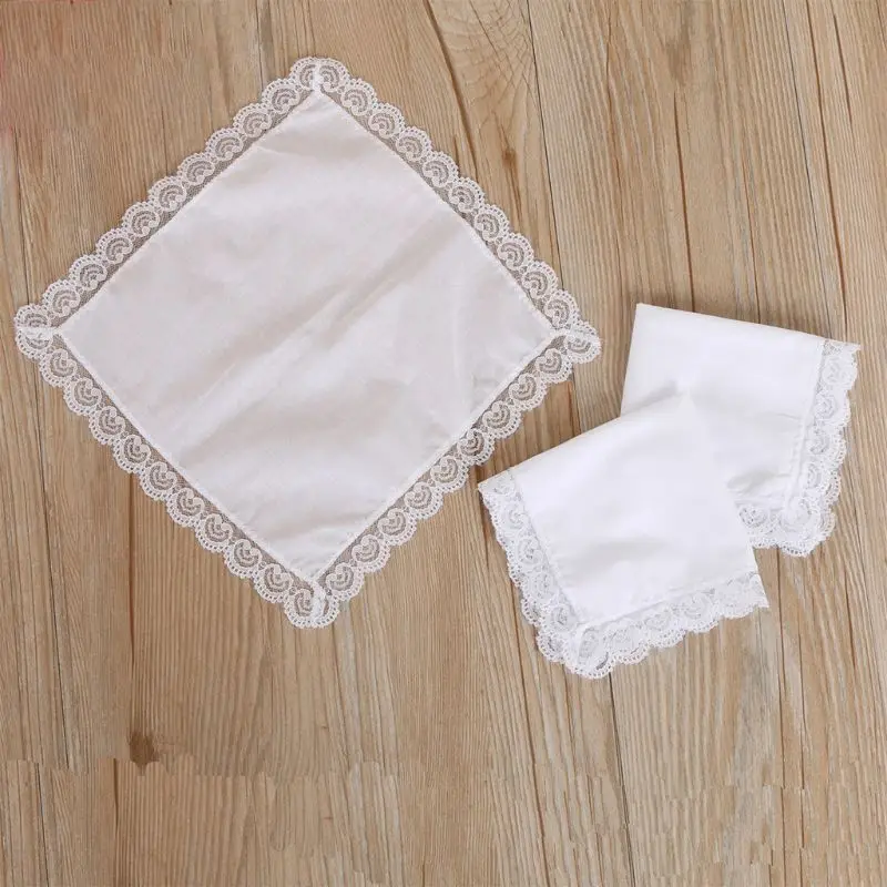 25x25cm Women Plain White Square Handkerchiefs Crochet Peach Heart Scalloped Lace Trim Bridal Wedding DIY Cotton Napkin Hankies