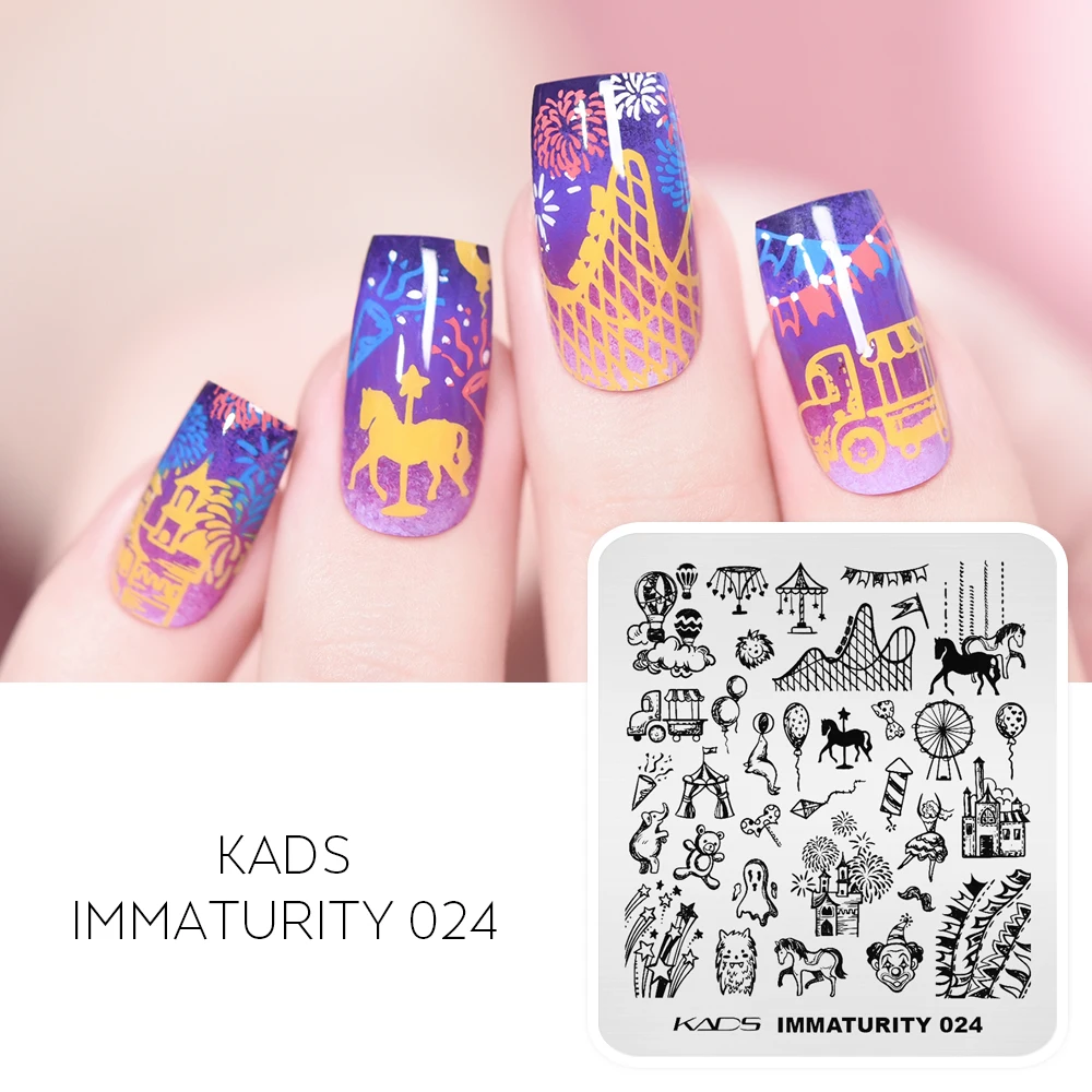 KADS Nail Stamping Plate Immaturity 024 Childlike Hand Drawing Cartoon Paradise Balloon Castle Horse Image Nail Art Template