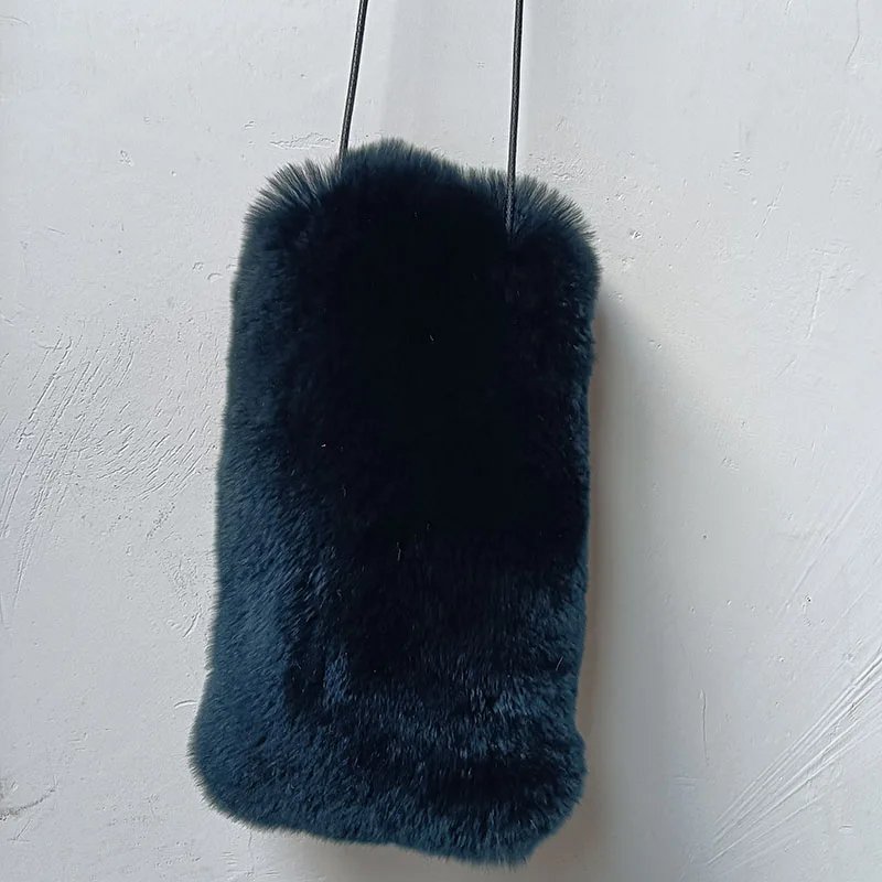 2024 New Real Rabbit Fur Phone Bag Fashion Long Belt Cute Small Shoulder Bags Female Lovely Warm Shoulder Crossbody Bag