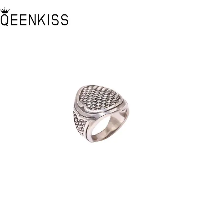 QEENKISS 925 Sterling Silver Ring for Men Father Vintage Adjustable Knit Weave Ring Fine Jewelries Wholesale Party Gift RG6860