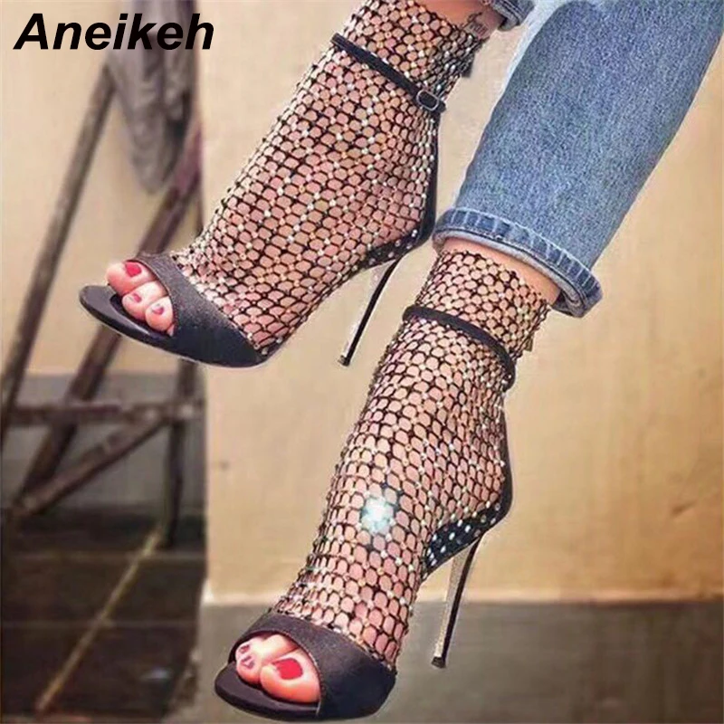 Aneikeh novo verão glitter gladiador ar malha sexy sandálias sapatos mulher salto alto peep toe stripper zíper festa saltos finos bombas