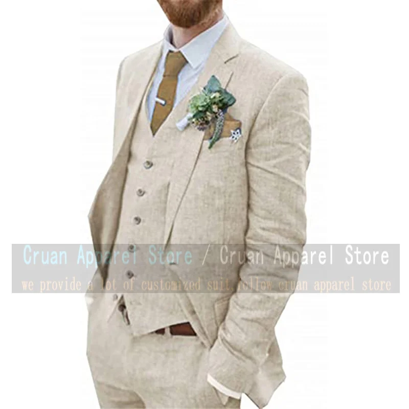 Tailor-made Beach Linen Suits For Men Slim Fit Prom Party Wedding Best Man Groom Suit Dress Tuxedo Blazer Vest Pants 3 Pieces