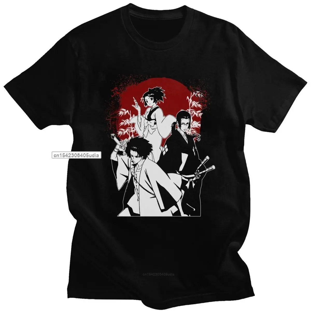 Trendy Samurai Champloo Tshirts Men Short Sleeves Pure Cotton Tee Crew Neck Japanese Manga Anime Lover T Shirt Mugen Top