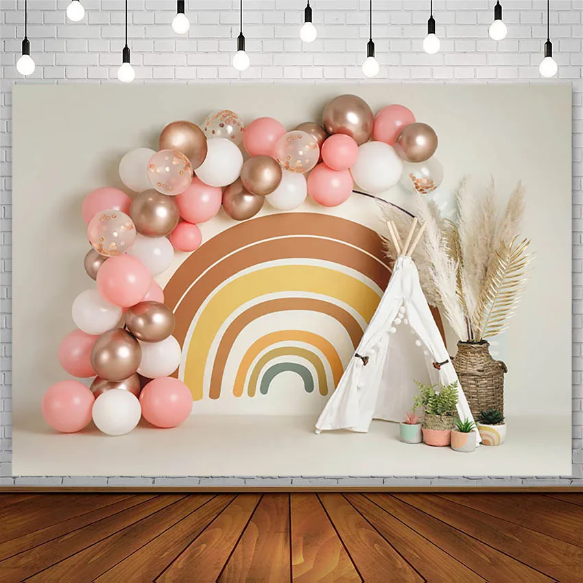 

Avezano Bohemian Backdrops Girl Birthday Portrait Rainbow Pink Balloons Cake Smash Photography Background Photo Studio Photozone