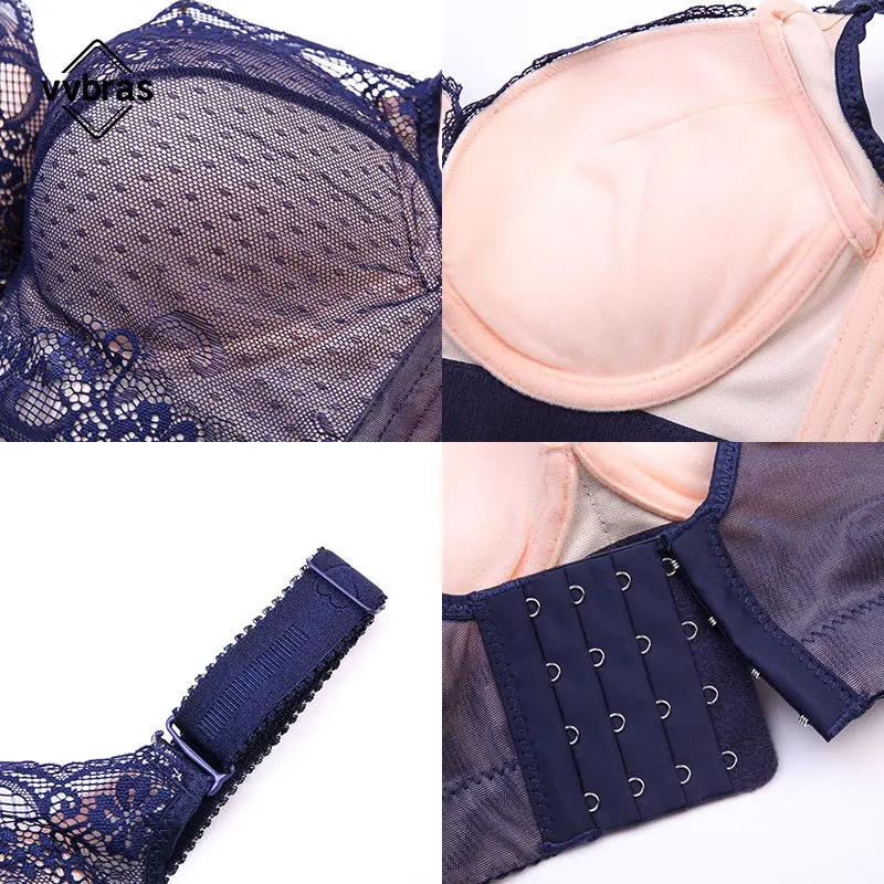 vvbras Women Sexy Underwear Mesh Lace Lingerie Plus Size Bra Underwire Thin Bralette Unpadded Push Up Big Breast Underwear