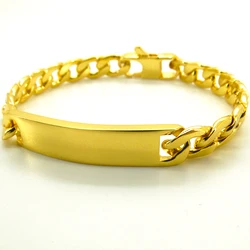 100% Stainless Steel Bracelet 9 mm Width ID Bar Curb Cuban Chain 18K Gold Color Bracelets 8 Inches for Men Women Factory Offer