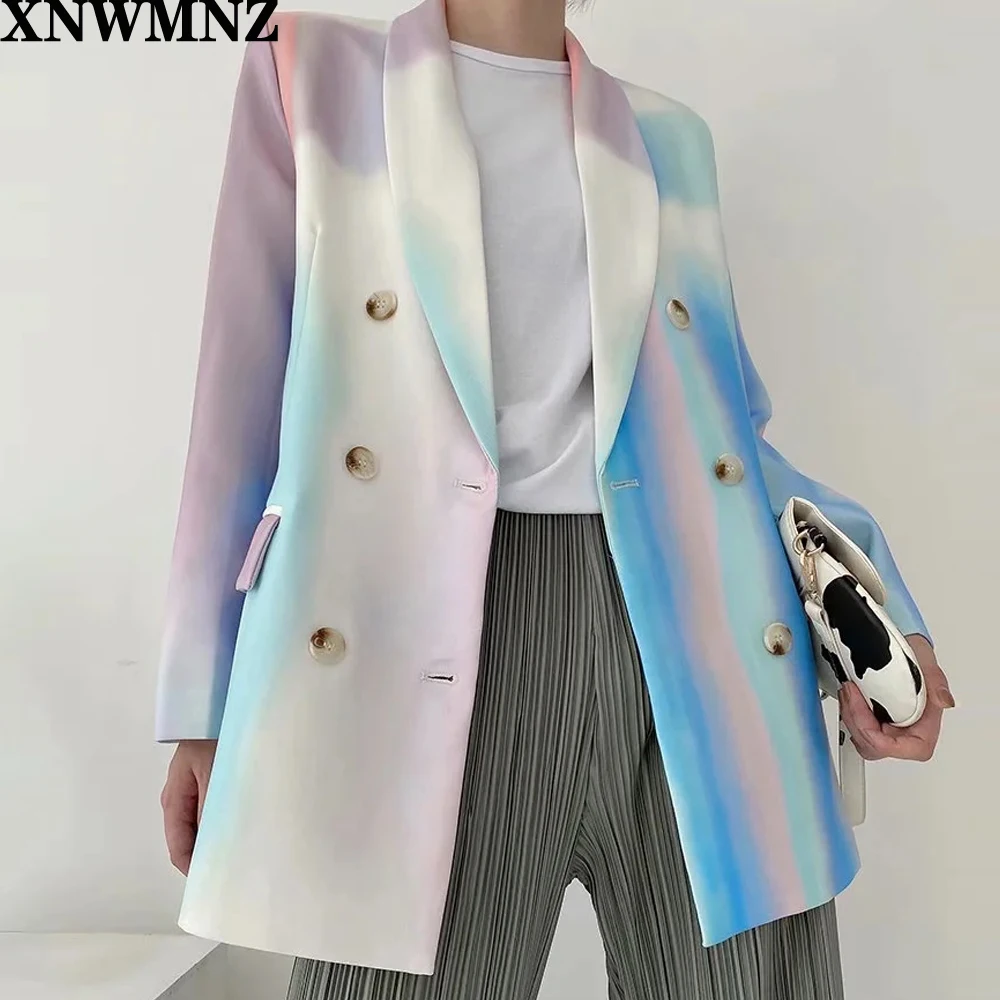 XNWMNZ Women 2020 Fashion Double Breasted Tie-dye Print Blazer Coat Vintage Long Sleeve Pockets Female Outerwear Chic Tops