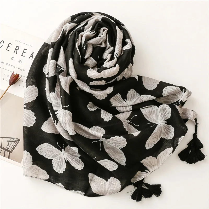 2022 Fashion Animal Black Butterfly Pattern Tassel Viscose Shawl Scarf High Quality Print Pashmina Stole Bufandas Muslim Hijab