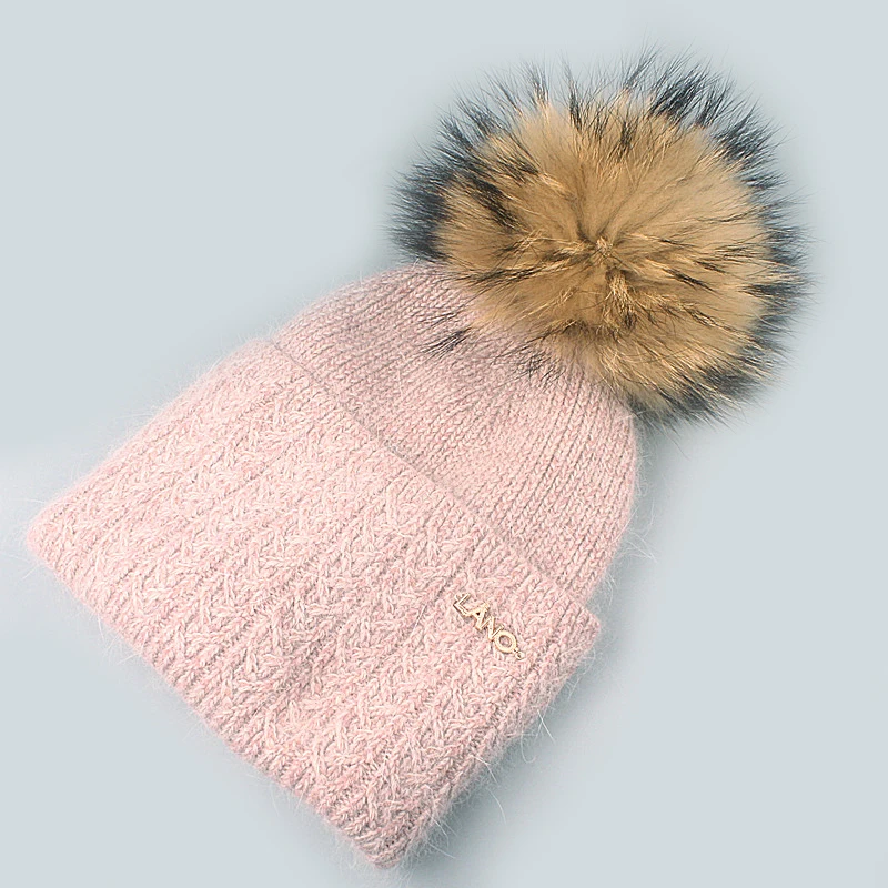 Xthree Winter Knitted Hat With Lining Angola Beanies With Real Pom Poms Skullies Hat for Women Girls Hat Feminino