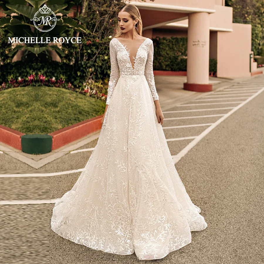 

Michelle Royce A-Line V-Neckline Long Sleeve Wedding Dresses 2022 Appliques Backless Chapel Train Wedding Gown Vestido De Novia