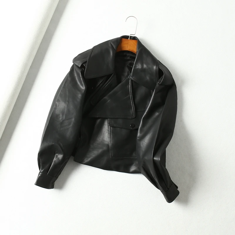 Spring Autumn 2024 Big Pocket Red Faux Leather Jacket Motorcycle Biker Jacket Black Coat Lapel Long Sleeve Streetwear Punk Coat