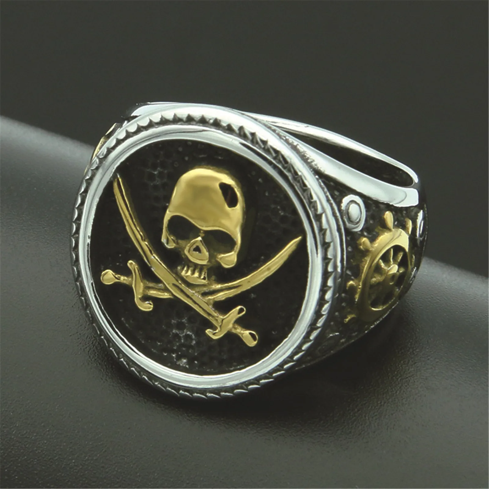 Pirates of the Caribbean Ring Skull Skeleton Double Knife Compass Titanium Stainless Steel Vintage Retro Punk Jewelry