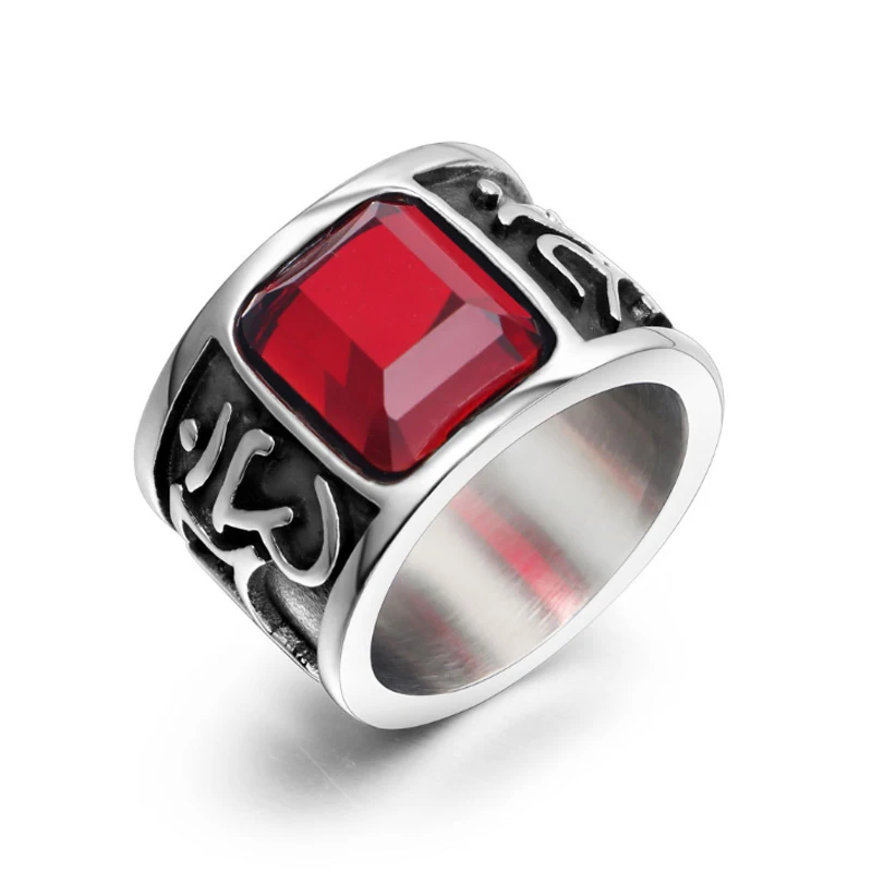 Vintage Men Six Words Mantra Red Stone Ring 316L Stainless Steel Biker Ring Om Mani Padme Hum Buddhist Jewelry Gifts For Him