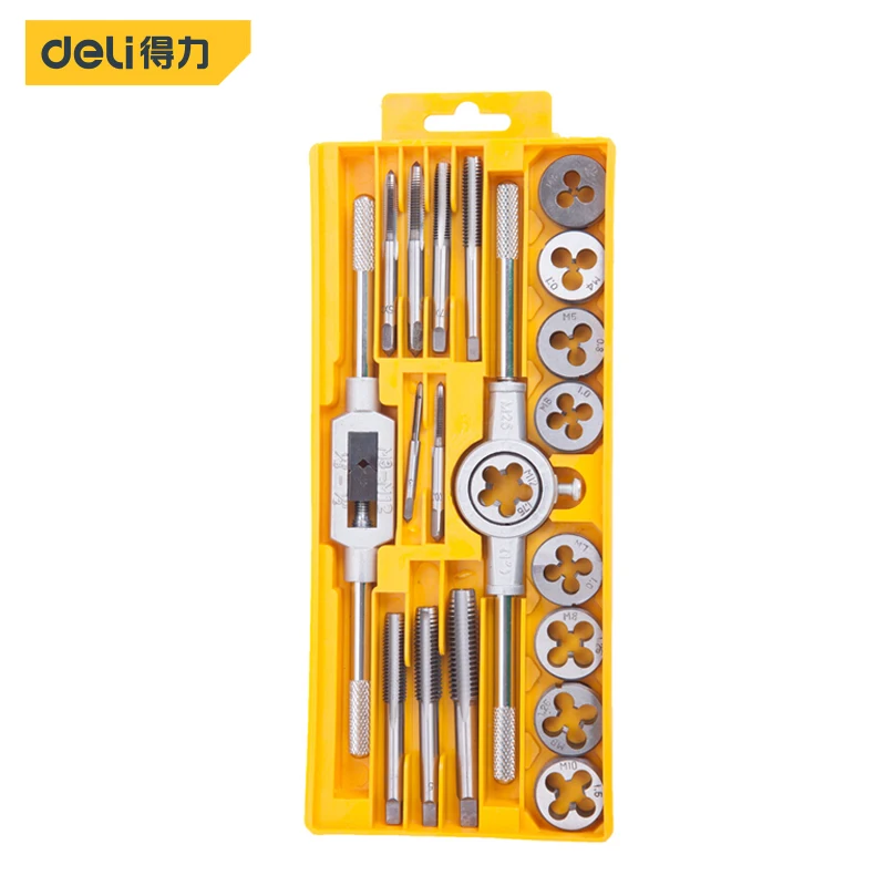 deli 20pcs Tap And Die Set Hand Tools Metric Thread Tap And Die Alloy Steel Adjustable Tap Wrench Metric Drill Hand Tool