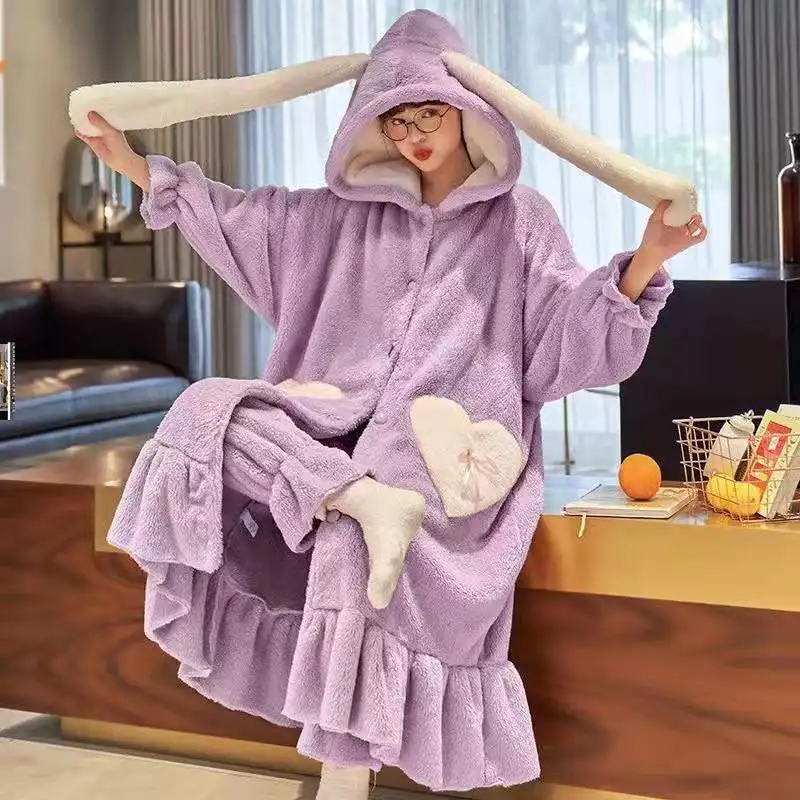 Winter Flannel Pajamas Sets For Women Cute Rabbit Ears Hooded Sleepwear Warm Thick Pyjamas Two Pieces Home Night Wear