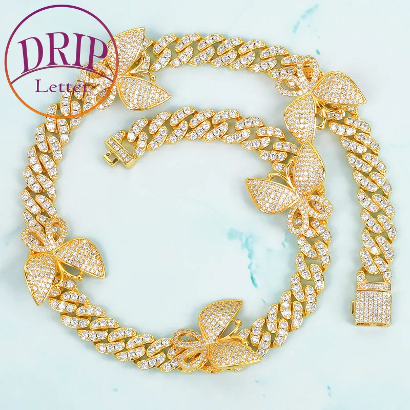 

10mm Cuban Link Necklace With Butterfly Hip Hop Women Jewelry