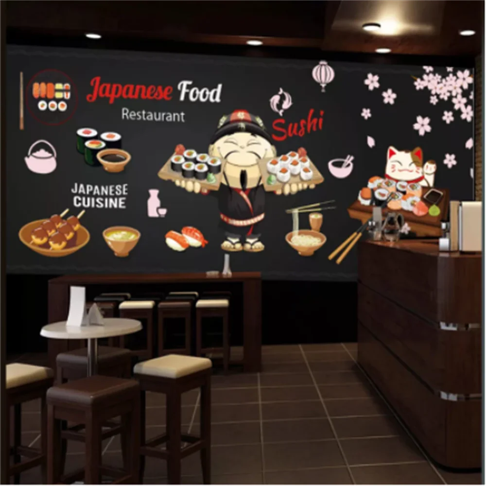 Customized black wood board decoration wallpaper 3D Japanese sushi restaurant industrial decoration wall painting wallpaper