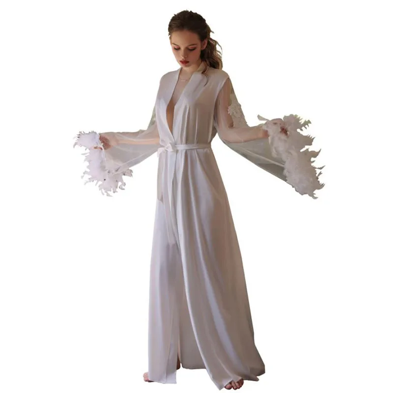 Long Bride Robe Wedding Pijama White Bathrobe Female Sexy Sleepwear Women Mesh And Feather Cuffs Homewear Embroidery Lace FG394