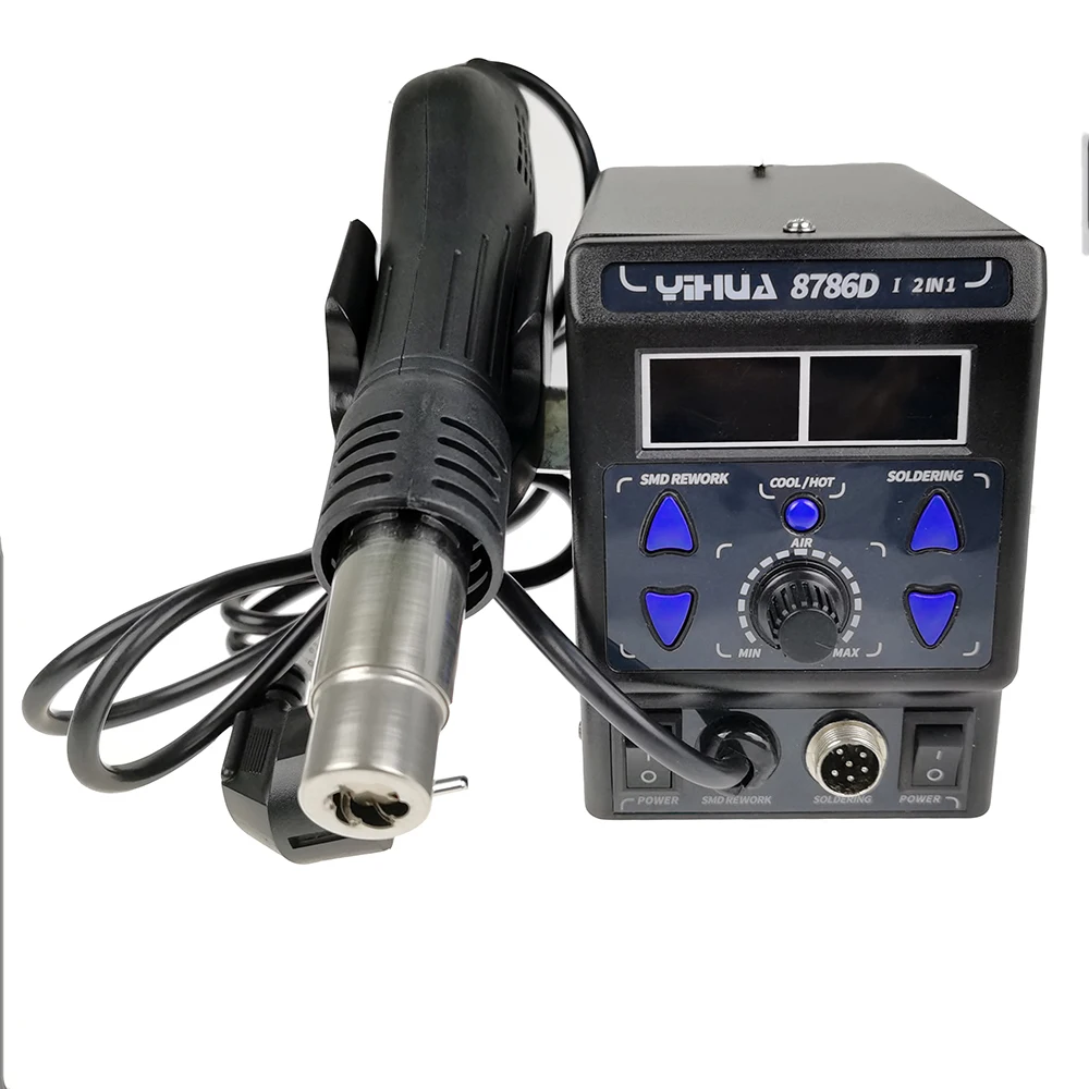 

Upgraded Version SMD Soldering Station Double Digital Display Cool Hot Air Gun Soldering Iron Rework Station 2 in 1 YIHUA8786D-I