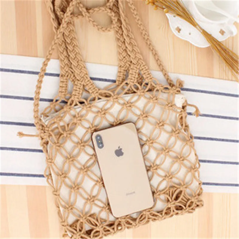 Reine Farbe Hand tragen Cross body hohl gewebte Baumwolle Schnur Strand Stroh Tasche Netz Tasche Urlaub Designer Handtaschen hohe Qualität