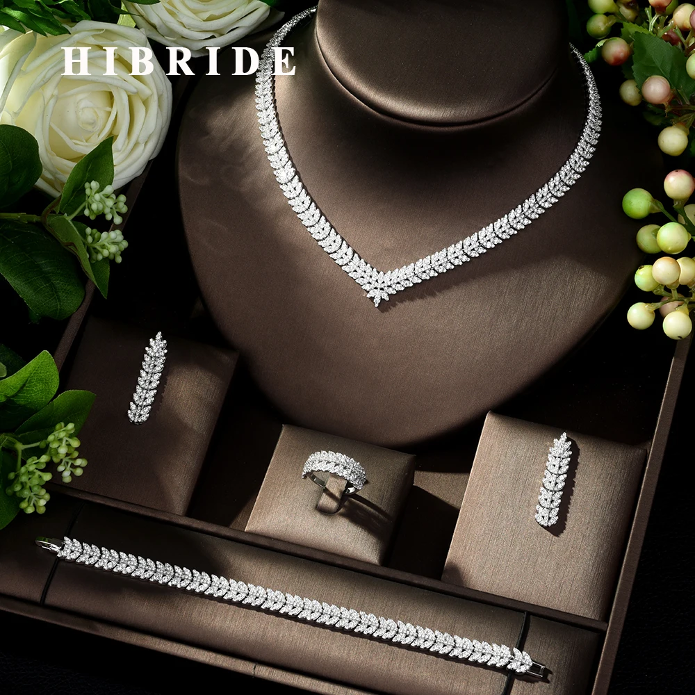 HIBRIDE New luxury Zircon Micro Pave Set Necklace Earrings Bracelet four-piece Women Weeding Jewelry Set Bijoux Femme N-223