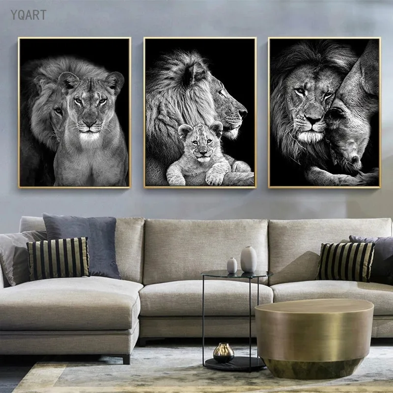 YQART Black White Lion Oil Paintings on Canvas Posters and Prints Modern Animal Art Wall Picture for Living Room Home Cuadros